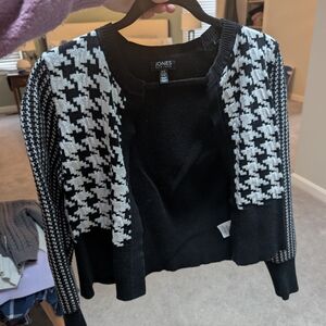 Jones New York Black and White Houndstooth Open-Front Cardigan